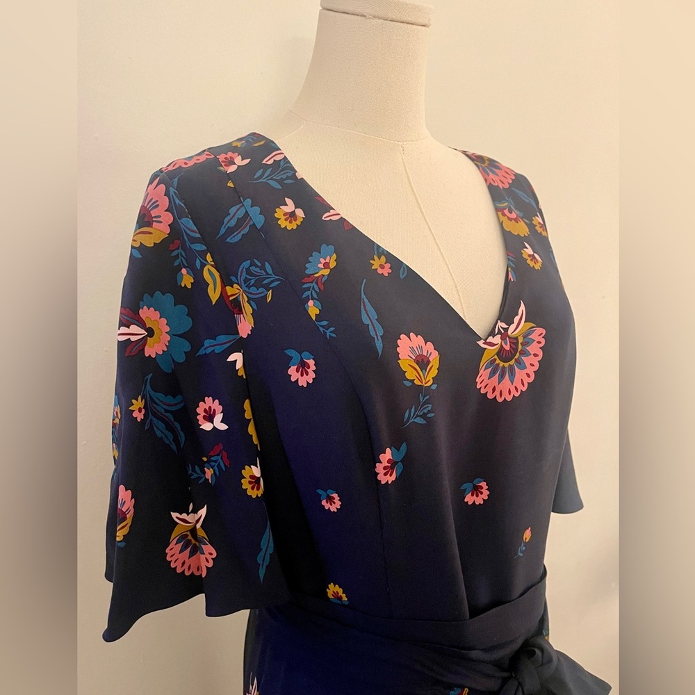 BODEN Emilie V Neck Midi Dress Navy Blue Flourish Pink Floral Size US 8R UK12R - Picture 7 of 16